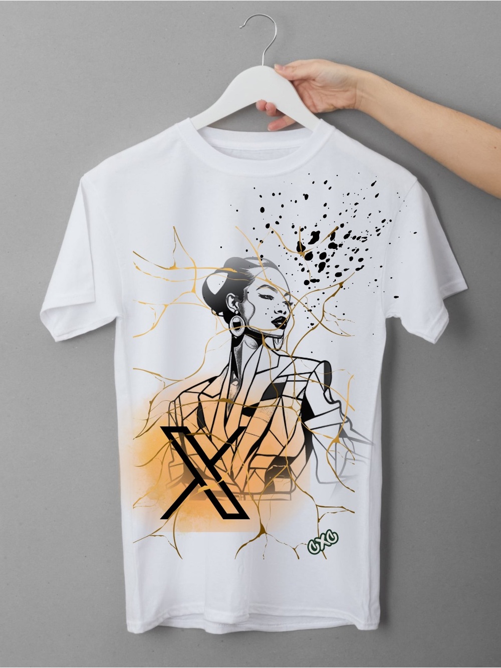 Graphic White Women's Tee with Abstract Gold & Black Illustration
